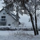 Beautiful snow-covered house surrounded by winter trees creating a peaceful scene.
