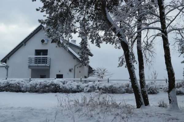 Beautiful snow-covered house surrounded by winter trees creating a peaceful scene.